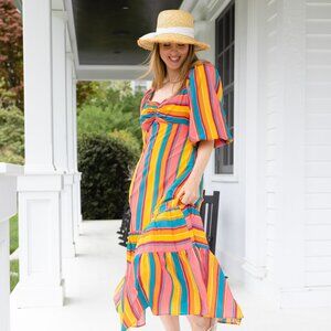 NWT Anthropologie Farm Rio Rainbow Striped Midi Dress L
